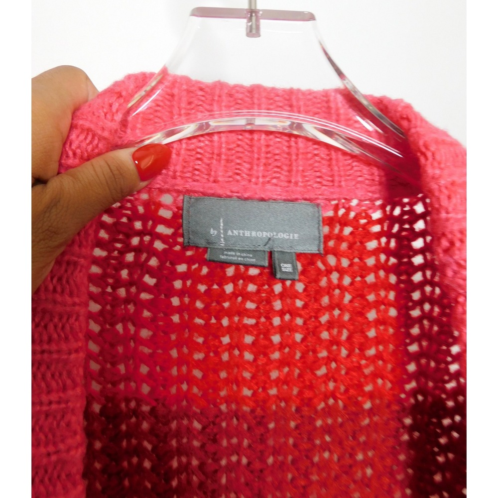 By Anthropologie Striped Chunky Knit Open Front Cardigan Pink Red Orange OS - Picture 3 of 5